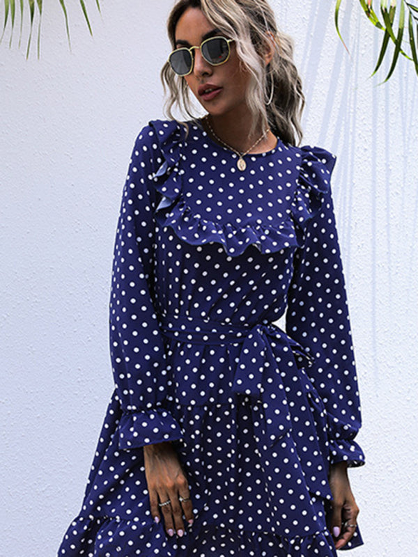 Polka Dot Mini Dress with Ruffle Long Sleeves and Tie Waist Group10 MyDresses