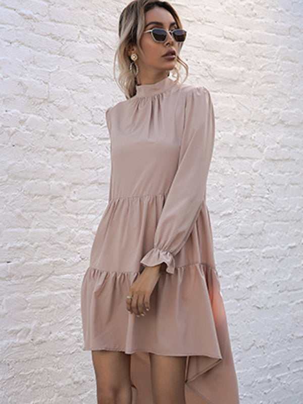 High-Neck Long Sleeve Dress with Ruffle Hem and High-Low Design Group11 MyDresses