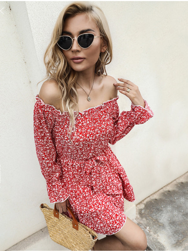 Floral Print Off-Shoulder Mini Dress with Ruffled Neckline Group11 MyDresses