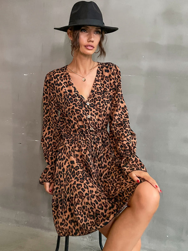 Leopard Print Mini Dress with Buttoned Front and Cinched Waist Group11 MyDresses Brown 8 | S