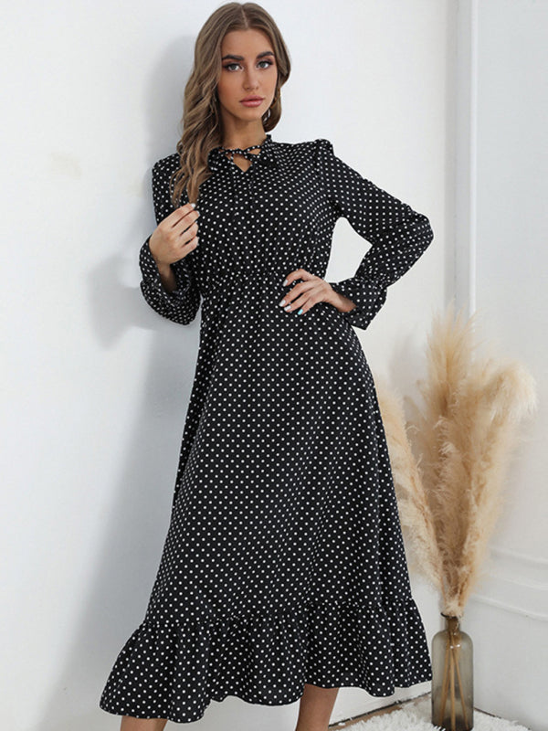Polka Dot Midi Dress with Ruffle Hem and Tie-Neck Group11 MyDresses
