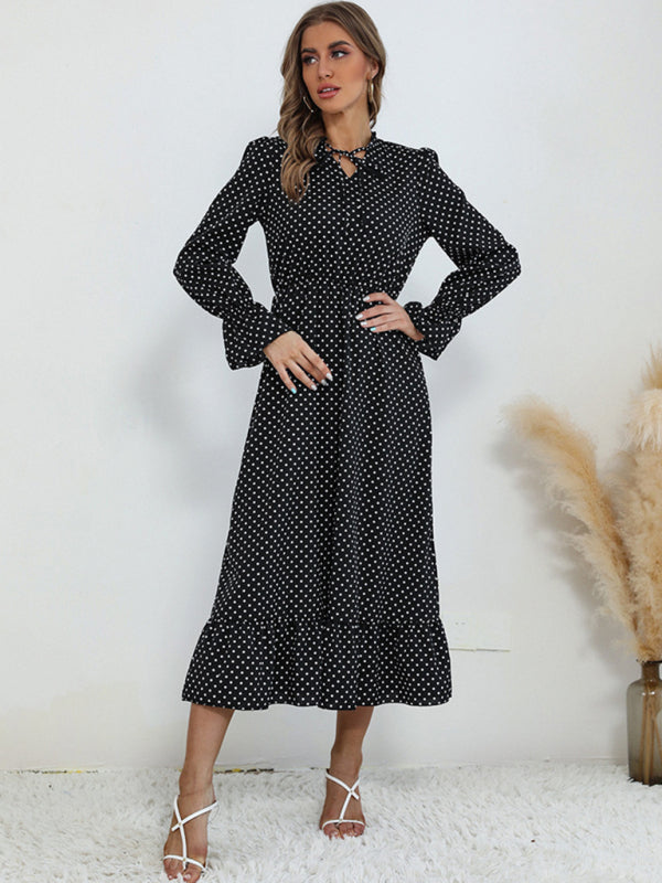 Polka Dot Midi Dress with Ruffle Hem and Tie-Neck Group11 MyDresses