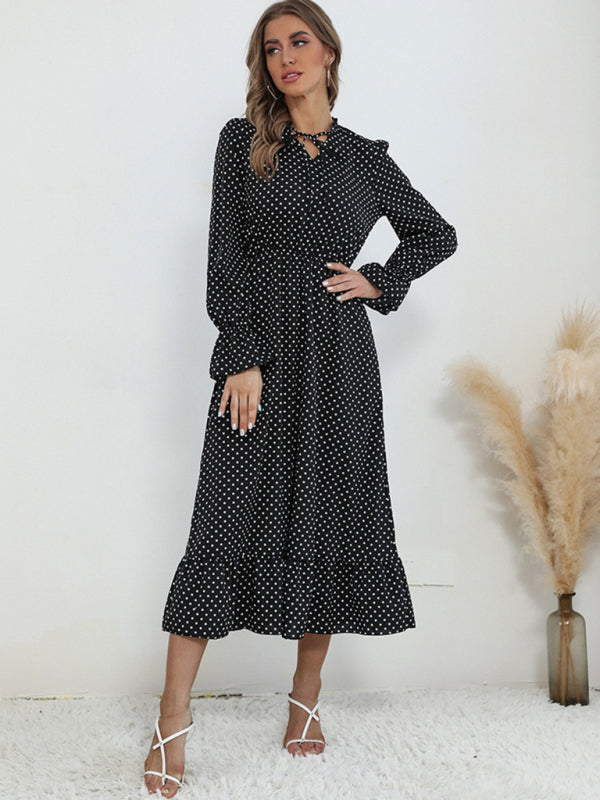 Polka Dot Midi Dress with Ruffle Hem and Tie-Neck Group11 MyDresses Black 8 | S