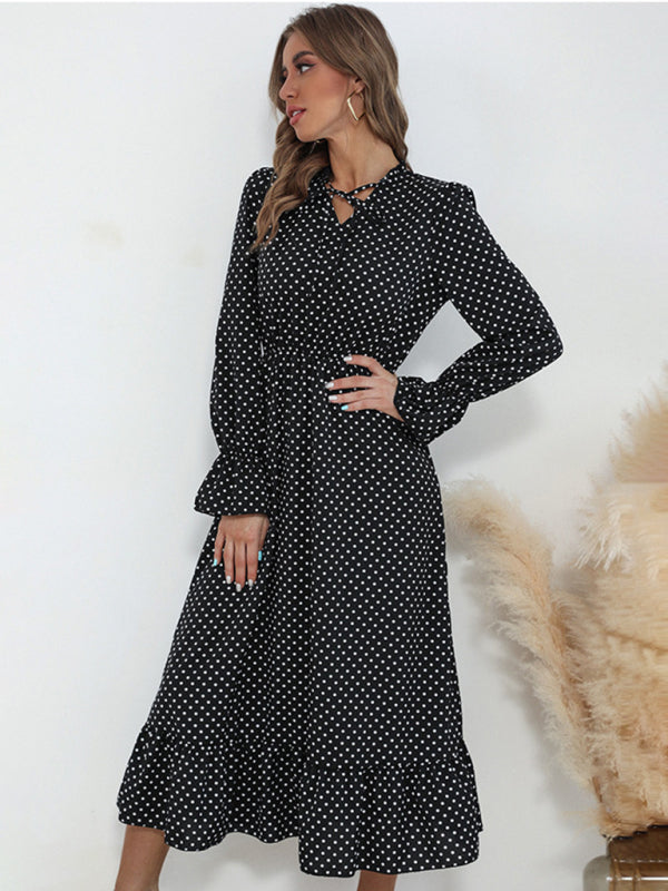 Polka Dot Midi Dress with Ruffle Hem and Tie-Neck Group11 MyDresses