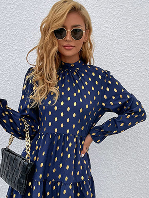Polka Dot Long Sleeve Tiered Dress with High Neck Group11 MyDresses
