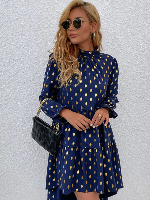 Polka Dot Long Sleeve Tiered Dress with High Neck Group11 MyDresses Navy Blue 8 | S