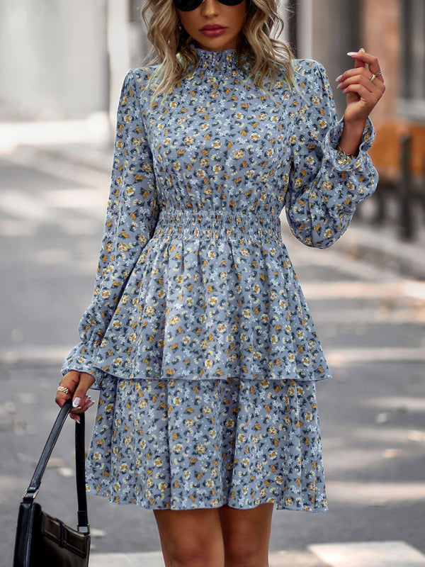 Floral Print Mini Dress with Ruffle Hem and Long Sleeves Mini Dresses MyDresses 