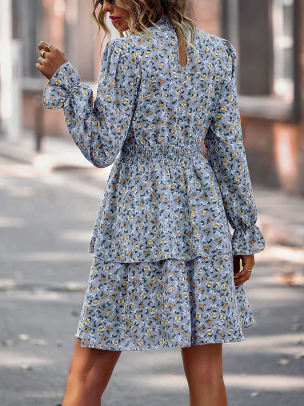 Floral Print Mini Dress with Ruffle Hem and Long Sleeves Mini Dresses MyDresses 