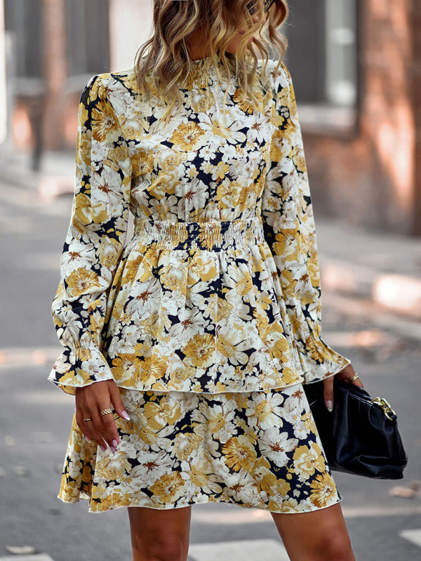 Floral Print Mini Dress with Ruffle Hem and Long Sleeves Mini Dresses MyDresses 