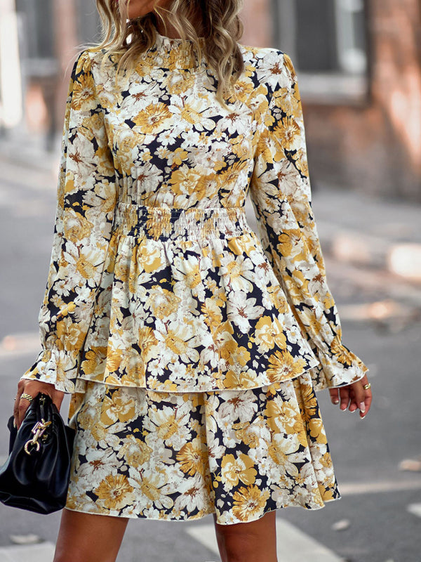Floral Print Mini Dress with Ruffle Hem and Long Sleeves Mini Dresses MyDresses Yellow 8 | S 