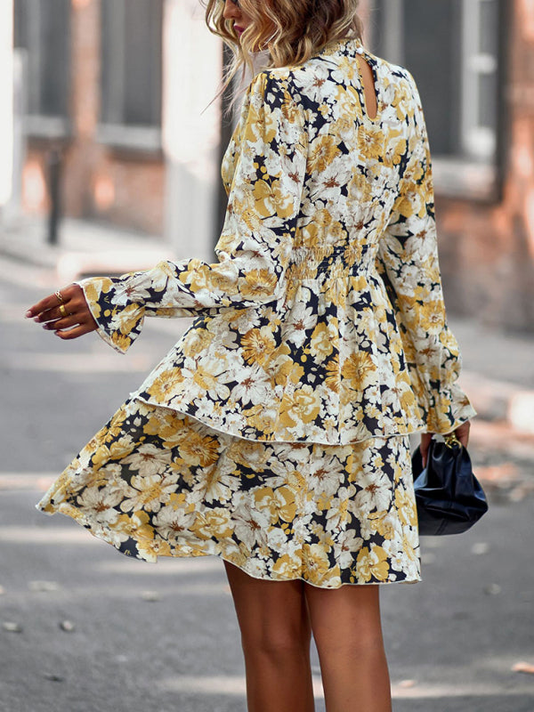 Floral Print Mini Dress with Ruffle Hem and Long Sleeves Mini Dresses MyDresses 