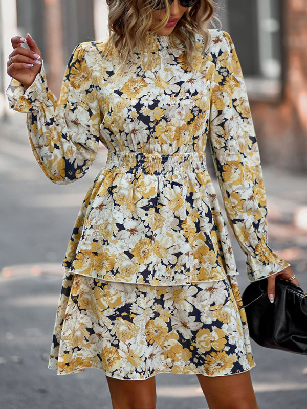 Floral Print Mini Dress with Ruffle Hem and Long Sleeves Mini Dresses MyDresses 