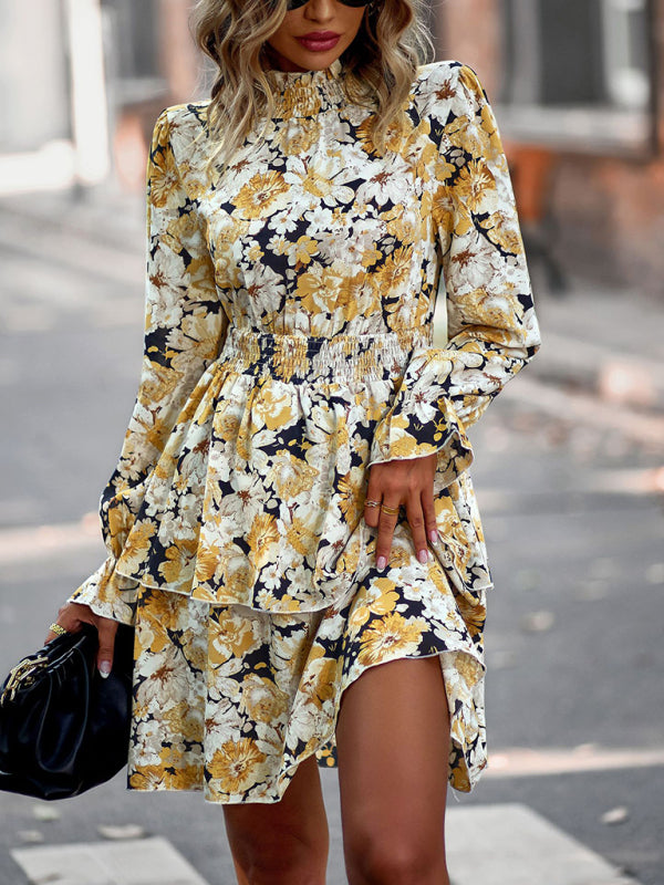 Floral Print Mini Dress with Ruffle Hem and Long Sleeves Mini Dresses MyDresses 