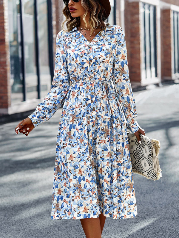 Floral Print Midi Dress with Button-Down Front and Cinched Waist Midi Dresses MyDresses 