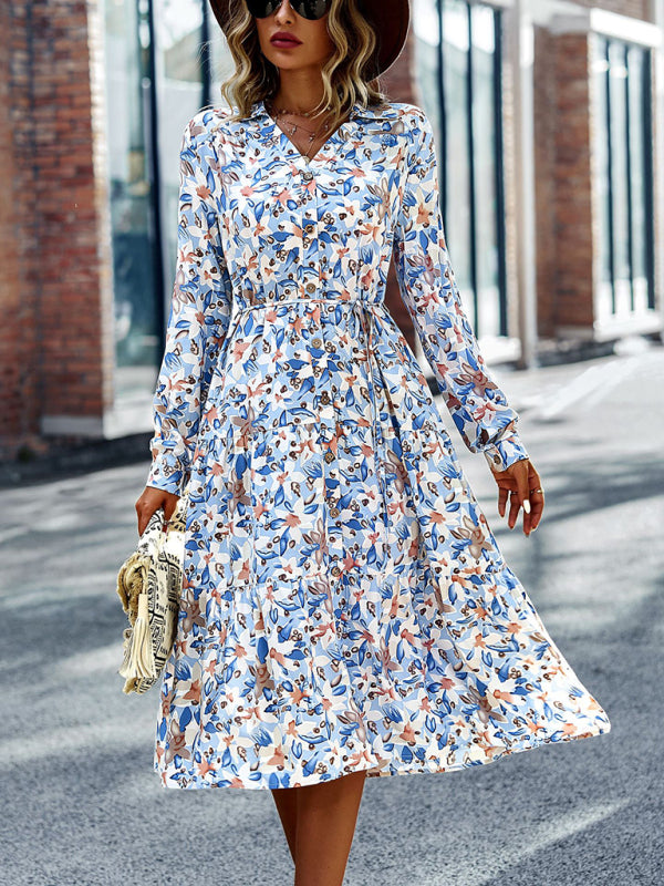 Floral Print Midi Dress with Button-Down Front and Cinched Waist Midi Dresses MyDresses 