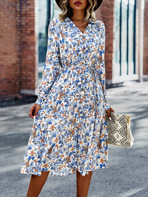 Floral Print Midi Dress with Button-Down Front and Cinched Waist Midi Dresses MyDresses Blue 8 | S 