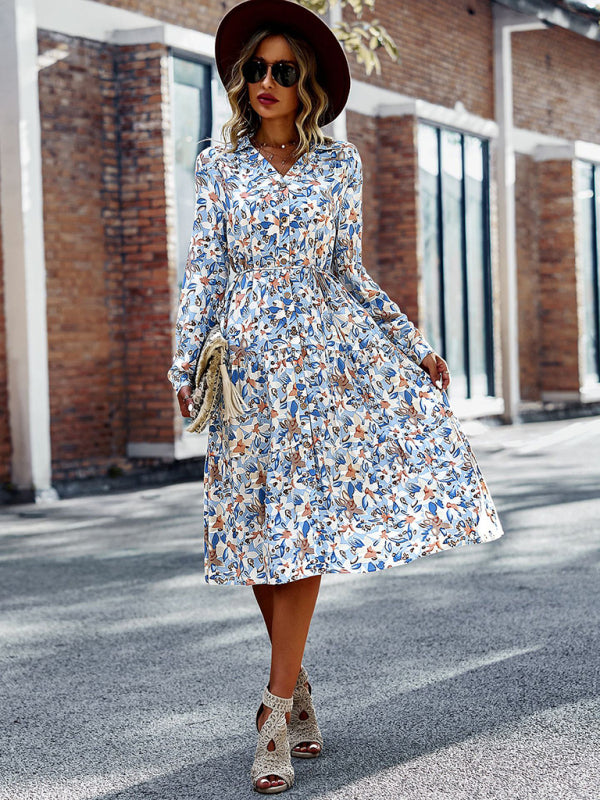 Floral Print Midi Dress with Button-Down Front and Cinched Waist Midi Dresses MyDresses 