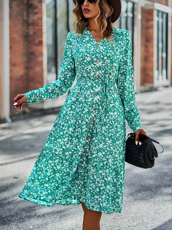 Floral Print Midi Dress with Button-Down Front and Cinched Waist Midi Dresses MyDresses 