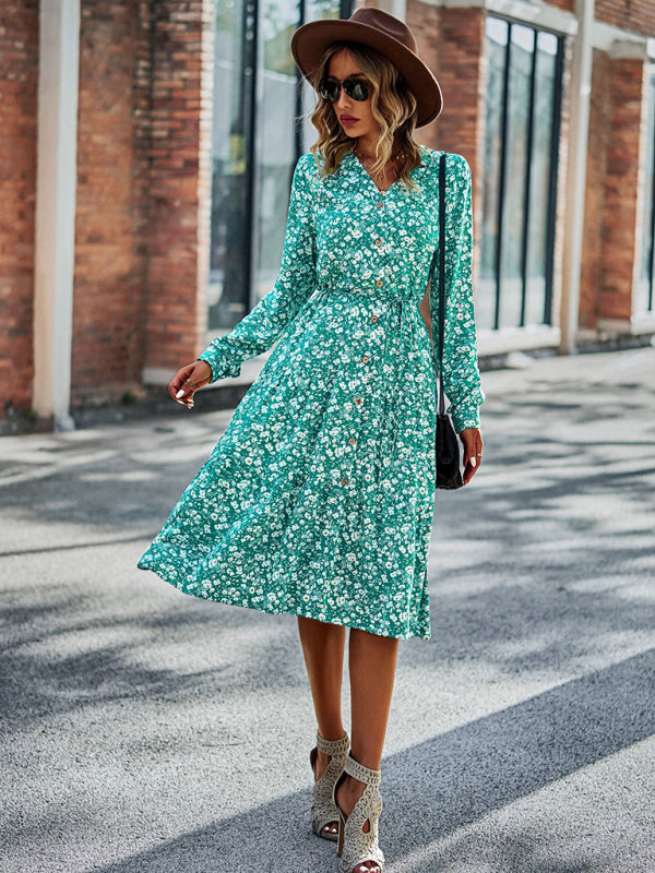 Floral Print Midi Dress with Button-Down Front and Cinched Waist Midi Dresses MyDresses 