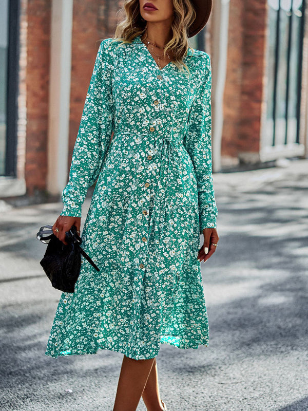 Floral Print Midi Dress with Button-Down Front and Cinched Waist Midi Dresses MyDresses Green 8 | S 