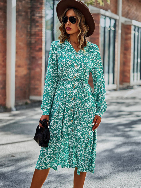 Floral Print Midi Dress with Button-Down Front and Cinched Waist Midi Dresses MyDresses 