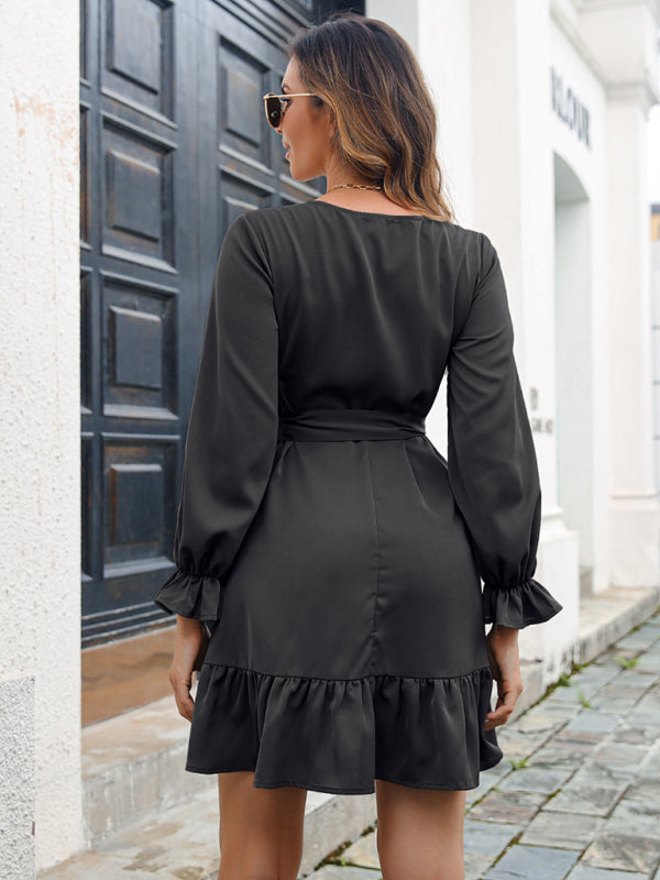Lace V-neck Mini Dress with Ruffle Hem and Waist Tie Mini Dresses MyDresses 