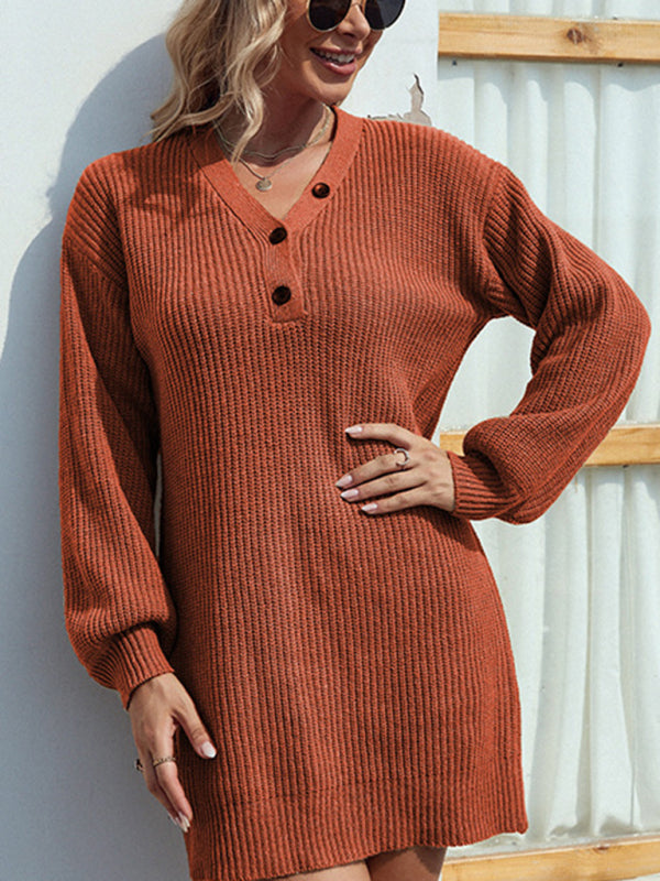 Knitted Sweater Dress with V-Neck and Lantern Sleeves Group1 MyDresses Red 8 | S 