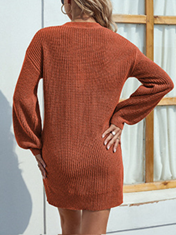 Knitted Sweater Dress with V-Neck and Lantern Sleeves Group1 MyDresses 