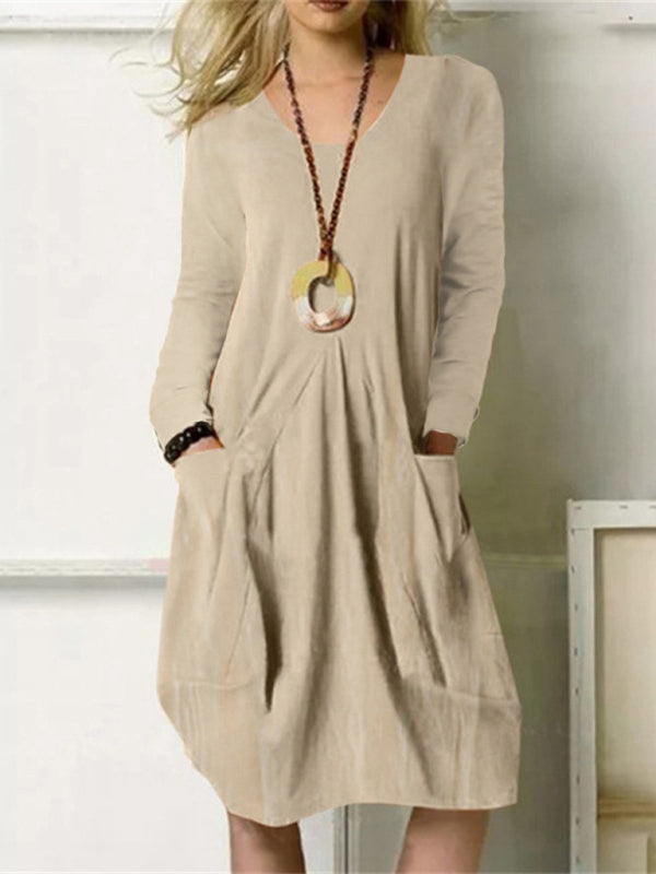 Cotton Linen Midi Dress with Pockets and V-Neck Midi Dresses MyDresses Khaki 6 | XS 