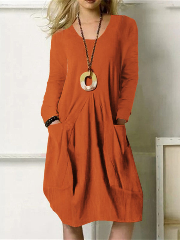 Cotton Linen Midi Dress with Pockets and V-Neck Midi Dresses MyDresses Red 6 | XS 