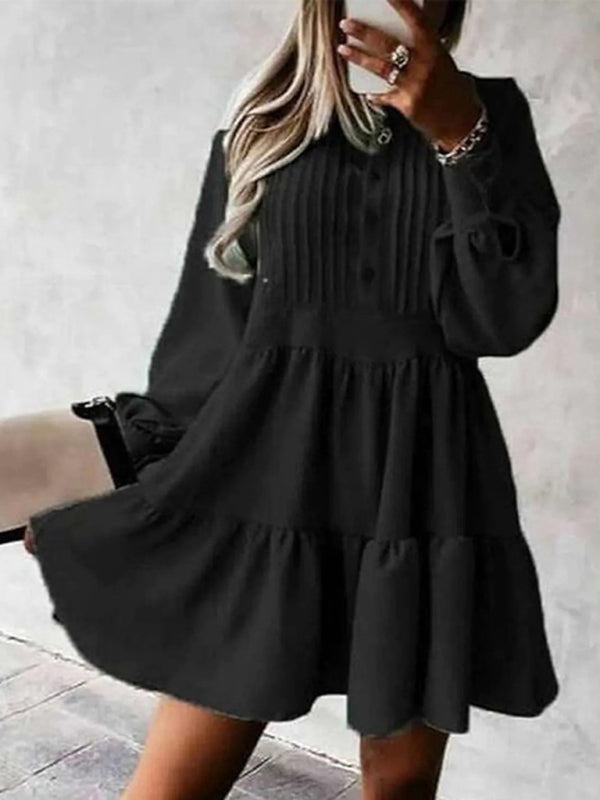 Balloon Sleeve Mini Dress with Pleated Front and Tiered Skirt Mini Dresses MyDresses Black 8 | S 