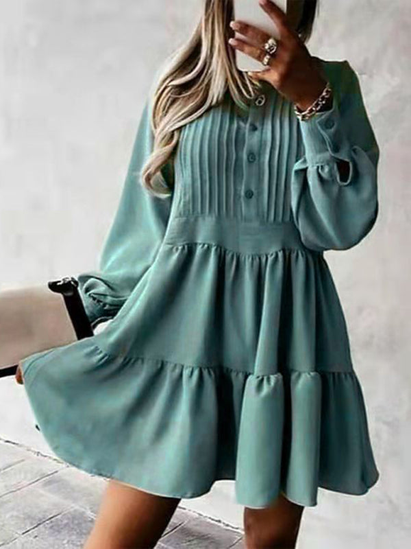 Balloon Sleeve Mini Dress with Pleated Front and Tiered Skirt Mini Dresses MyDresses Light Green 8 | S 