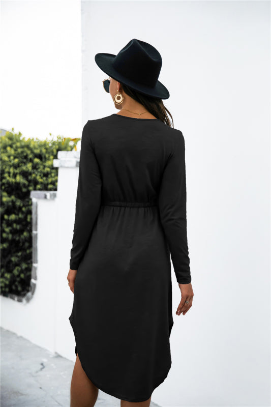 V-Neck Midi Dress with Waist Tie and Side Slit Midi Dresses MyDresses 