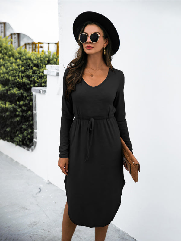 V-Neck Midi Dress with Waist Tie and Side Slit Midi Dresses MyDresses 