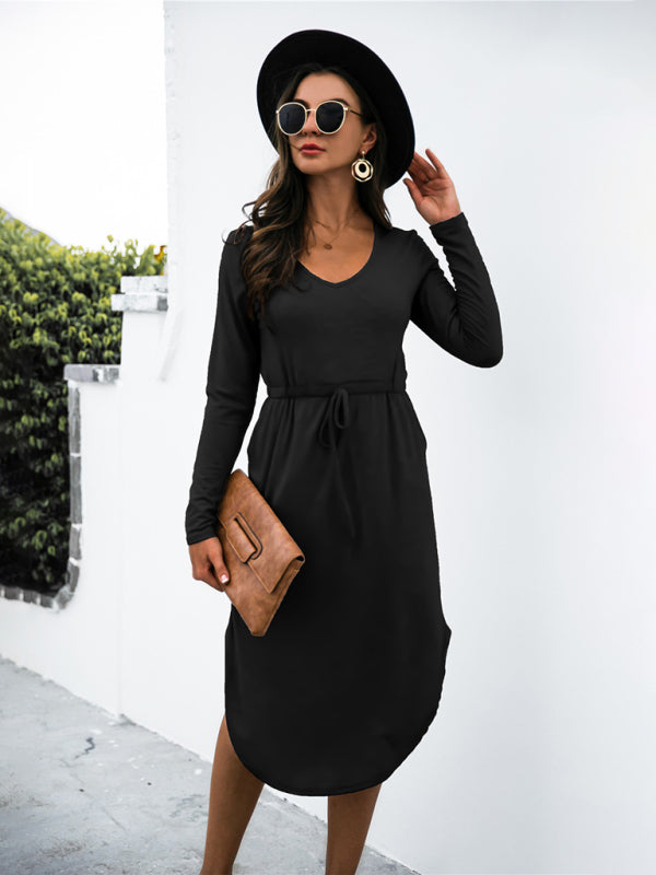 V-Neck Midi Dress with Waist Tie and Side Slit Midi Dresses MyDresses Black 8 | S 
