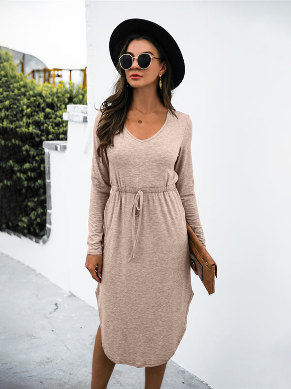 V-Neck Midi Dress with Waist Tie and Side Slit Midi Dresses MyDresses 