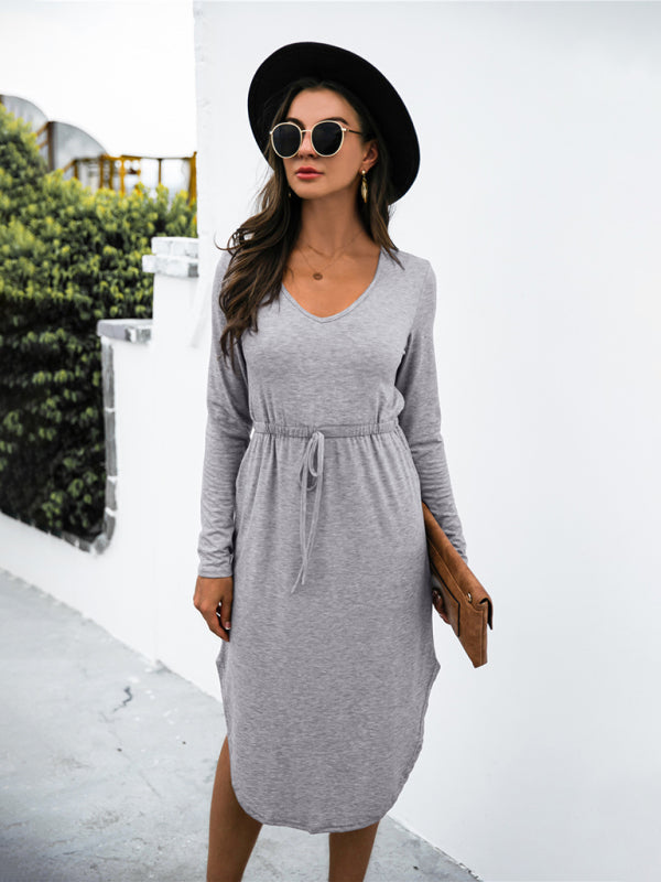 V-Neck Midi Dress with Waist Tie and Side Slit Midi Dresses MyDresses 
