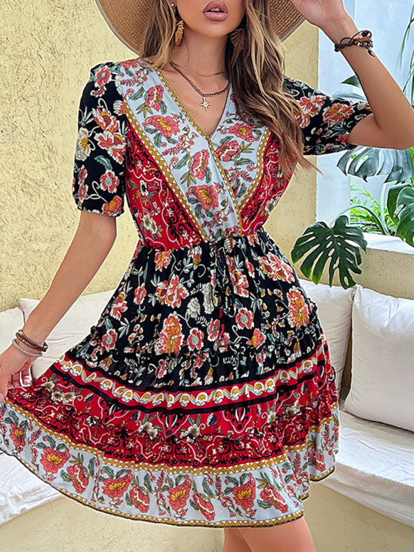 Bohemian Floral Print Dress with V-Neck and Tiered Skirt Mini Dresses MyDresses 