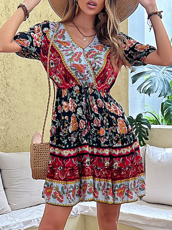 Bohemian Floral Print Dress with V-Neck and Tiered Skirt Mini Dresses MyDresses 