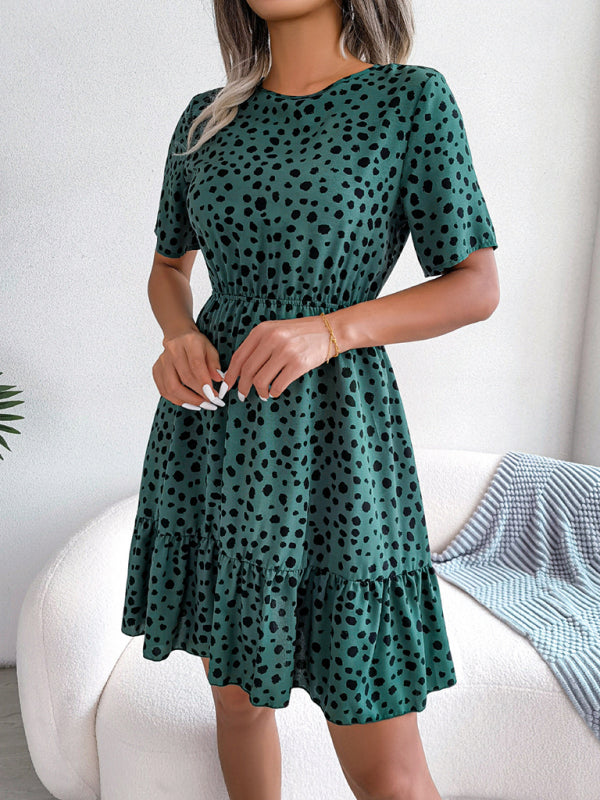 Polka Dot Mini Dress with Ruffled Hem and Cinched Waist Mini Dresses MyDresses 