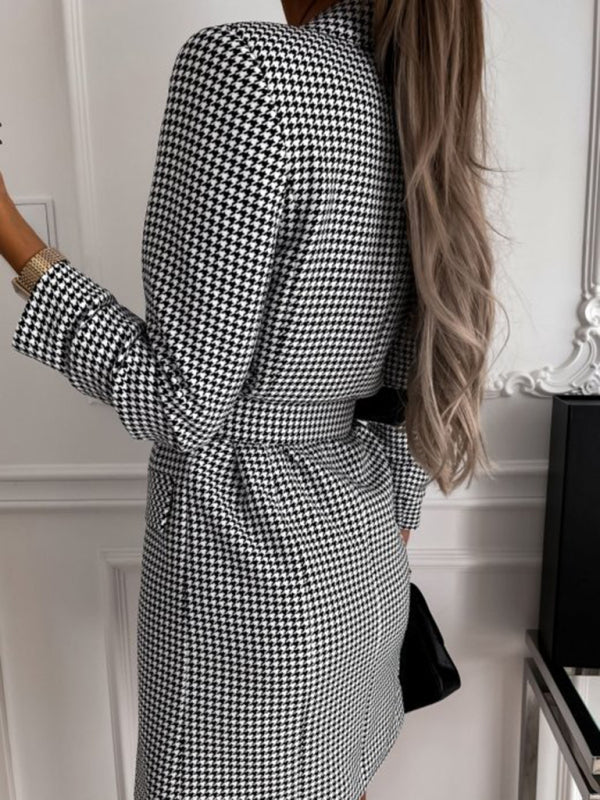 Houndstooth Double-Breasted Mini Dress with Belted Waist Mini Dresses MyDresses 