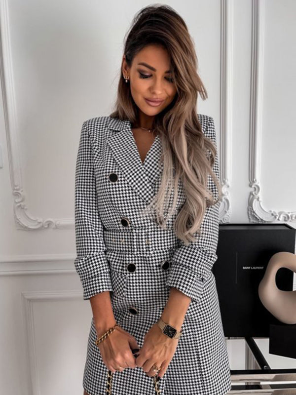 Houndstooth Double-Breasted Mini Dress with Belted Waist Mini Dresses MyDresses 