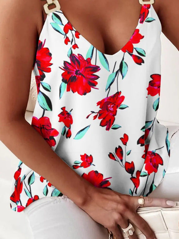 Geometric Print Sleeveless Tank Top with Chain Halter V-Neck Dresses MyDresses 