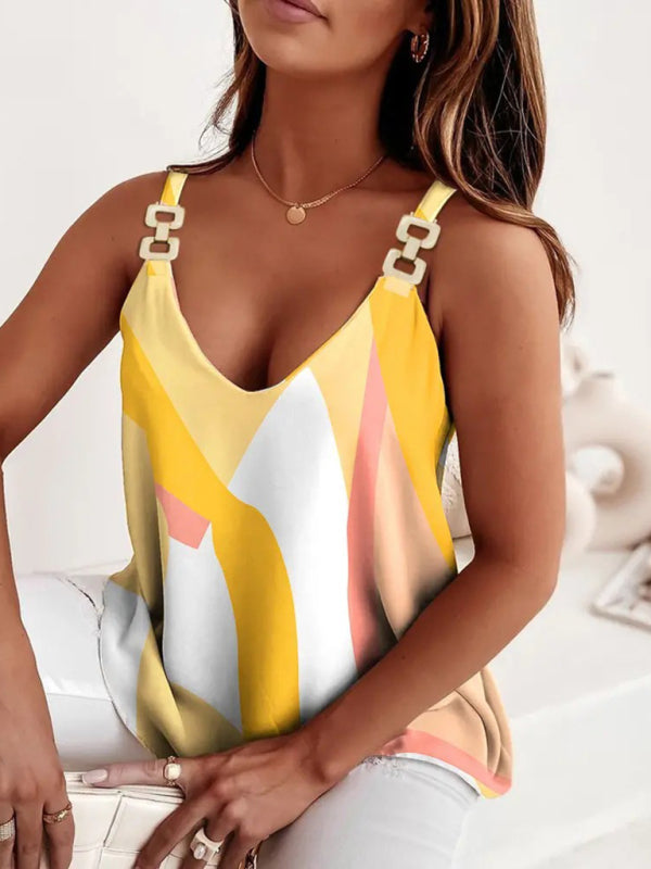 Geometric Print Sleeveless Tank Top with Chain Halter V-Neck Dresses MyDresses 