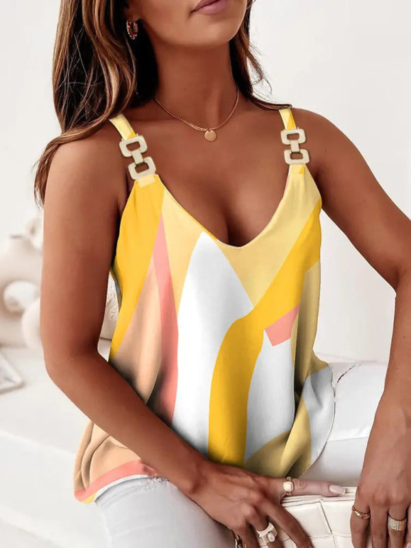 Geometric Print Sleeveless Tank Top with Chain Halter V-Neck Dresses MyDresses Yellow 8 | S 