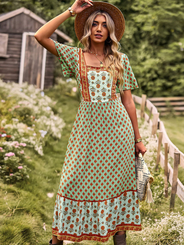 Bohemian Midi Dress with Floral Print and Square Neckline Midi Dresses MyDresses Green 8 | S 