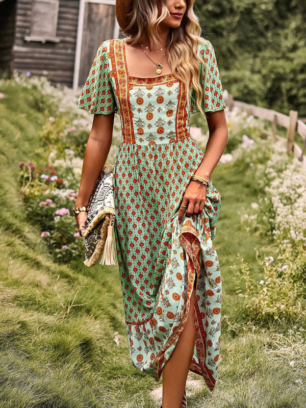 Bohemian Midi Dress with Floral Print and Square Neckline Midi Dresses MyDresses 