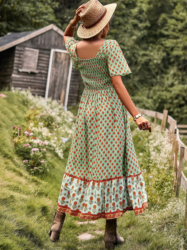 Bohemian Midi Dress with Floral Print and Square Neckline Midi Dresses MyDresses 
