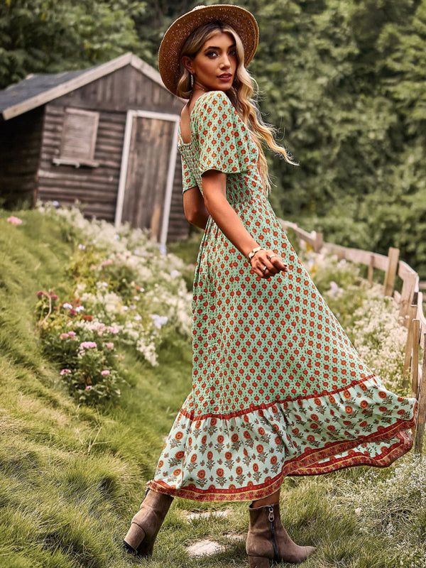 Bohemian Midi Dress with Floral Print and Square Neckline Midi Dresses MyDresses 