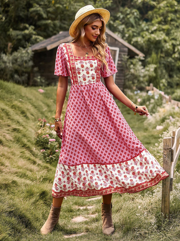 Bohemian Midi Dress with Floral Print and Square Neckline Midi Dresses MyDresses Pink 8 | S 